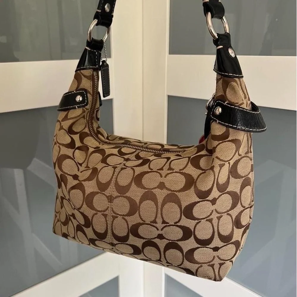Coach Brown Signature Canvas Shoulder Bag with Black Trim